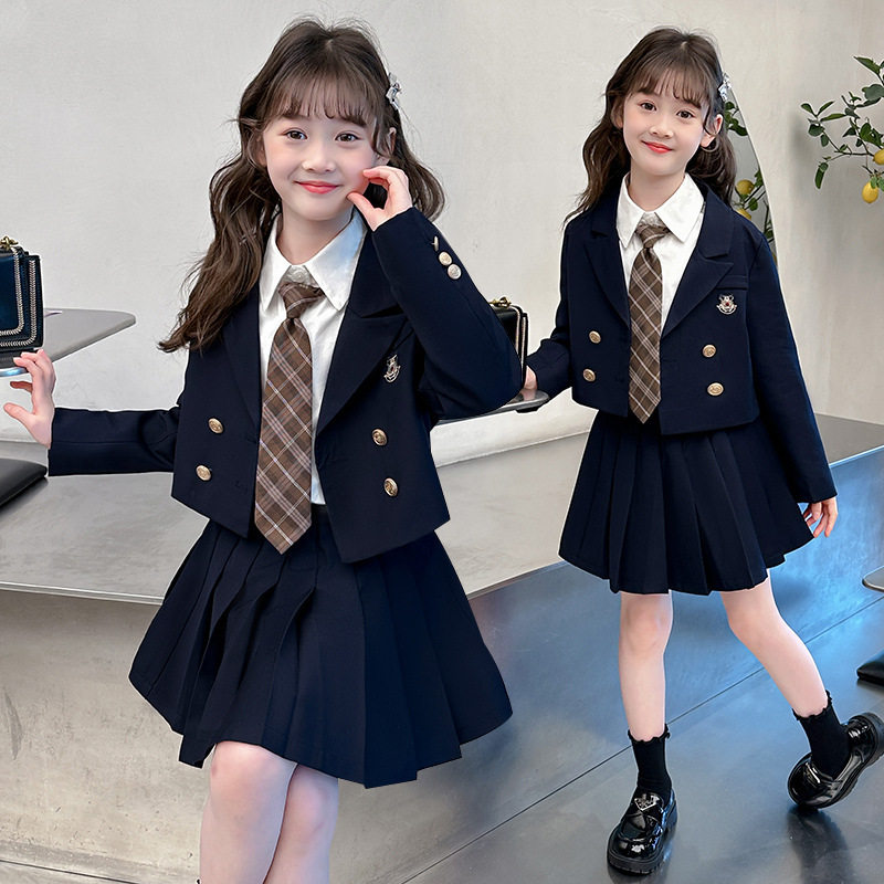 开学季女童JK套装裙学院风小女孩西装外套百褶短裙三件套姐妹装女