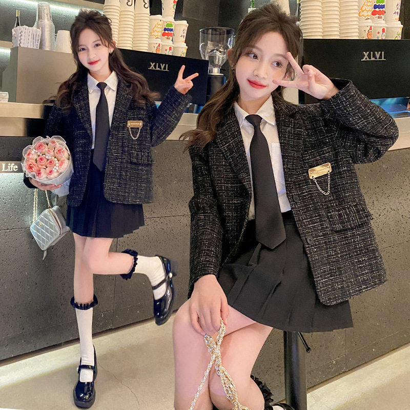 学院风女童秋装套装INS潮 小香风领带jk制服裙三件套儿童姐妹装秋
