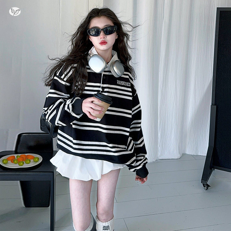 女童条纹翻领卫衣春秋女孩学院风上衣一大一小儿童姐妹闺蜜装秋装
