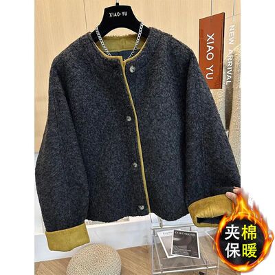 时尚撞色拼接圆领单排扣夹棉外套