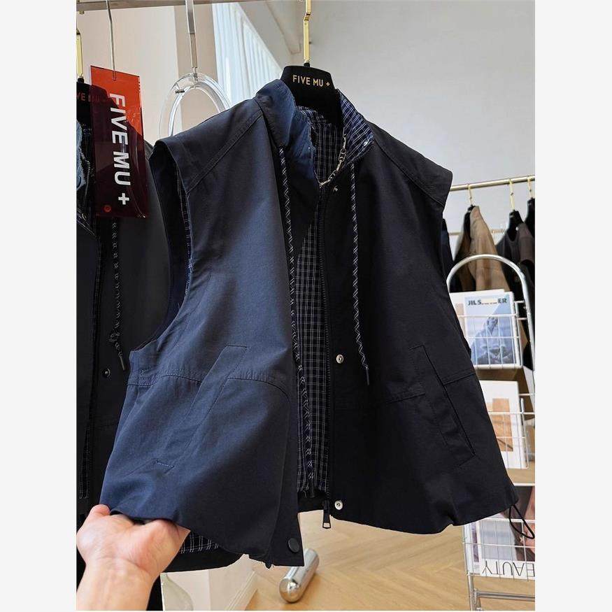 韩系休闲叠穿立领短款无袖工装马甲背心外套女秋季时髦洋气坎肩潮