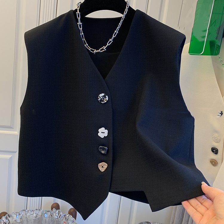 欧洲站2025春夏黑色马甲小坎肩潮