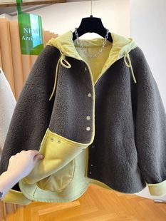 高级感撞色连帽仿羊羔毛外套女冬皮毛一体2025新款宽松毛茸茸上衣