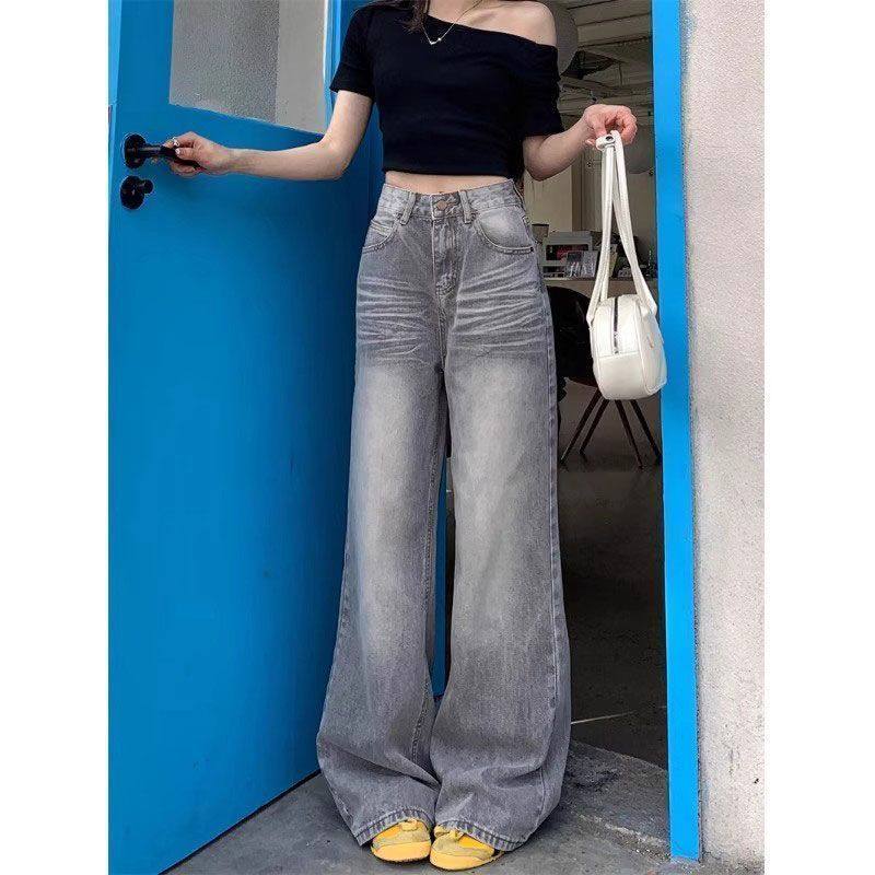 小个子一米五美式小个子复古水洗牛仔裤女阔腿灰色高腰直筒拖地裤