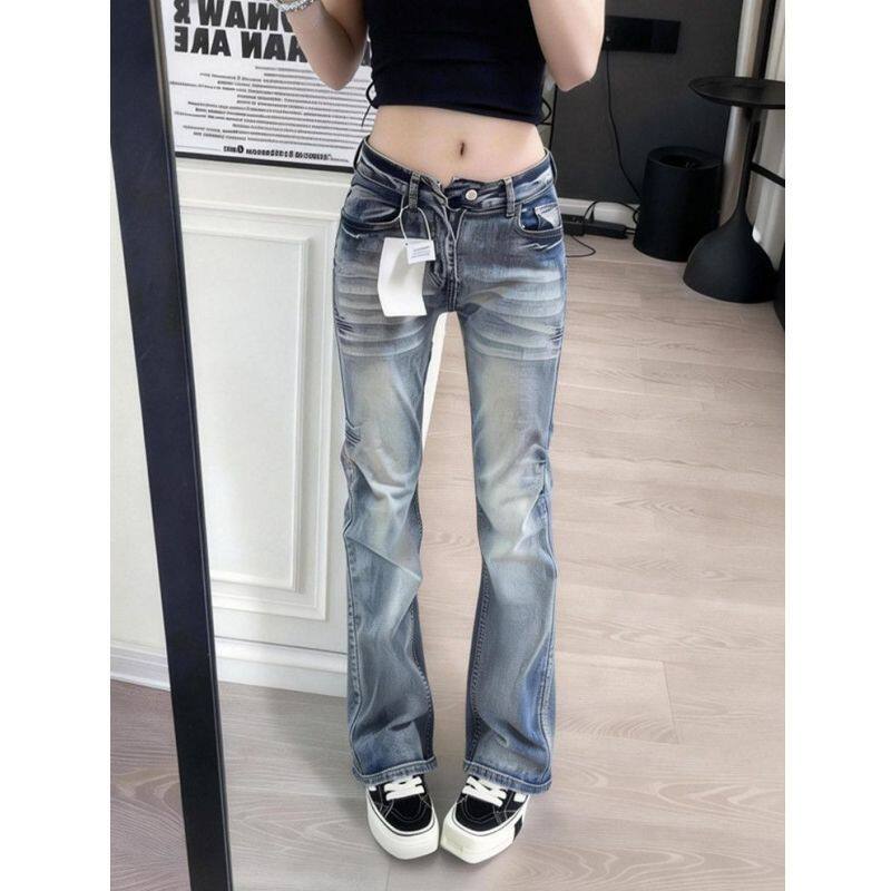 美式复古猫须低腰微喇叭牛仔裤女春夏款设计感做旧辣妹弹力直筒裤