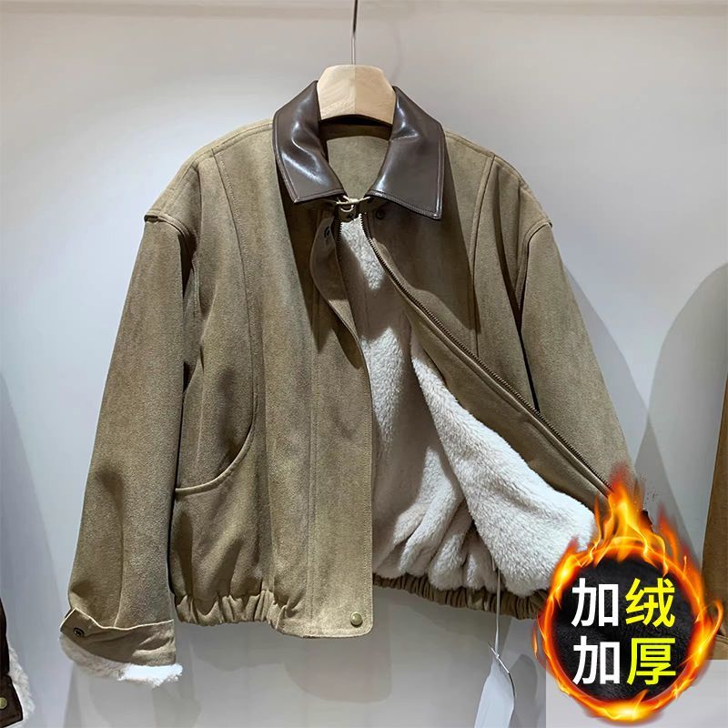 皮翻领加绒保暖夹克上衣