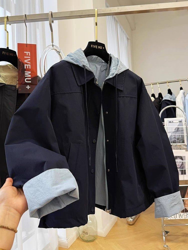 超好看拼接假两件连帽短款风衣女2025春秋新款小个子工装外套夹克,女装/女士精品,短外套,淘宝优惠券,粉丝福利购,淘宝优惠卷