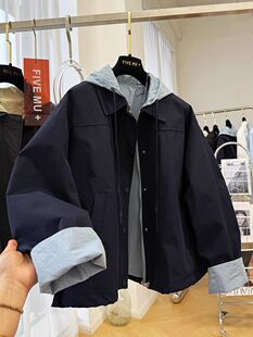 超好看拼接假两件连帽短款风衣女2025春秋新款小个子工装外套夹克