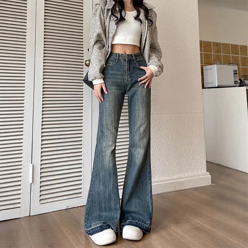 美式复古高腰显瘦微喇牛仔裤女