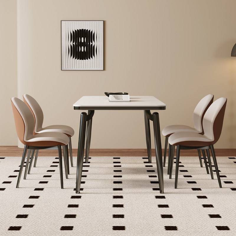 高档轻奢不锈长方形饭桌小户钢型用纯白家岩板餐桌椅合组现代简约