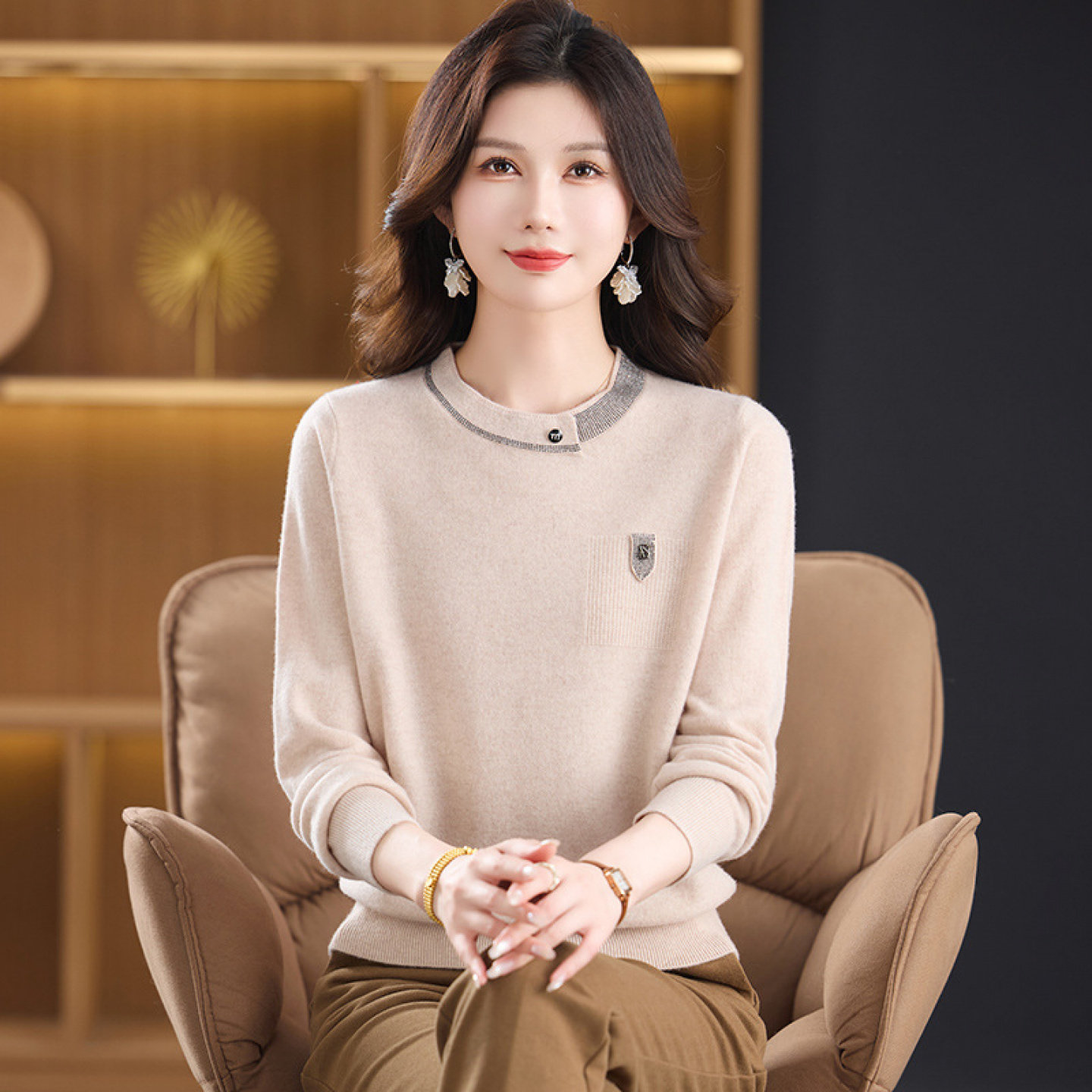 【100%纯山羊绒】女厚款针织羊绒衫上衣中老年妈妈毛衣打底衫秋冬