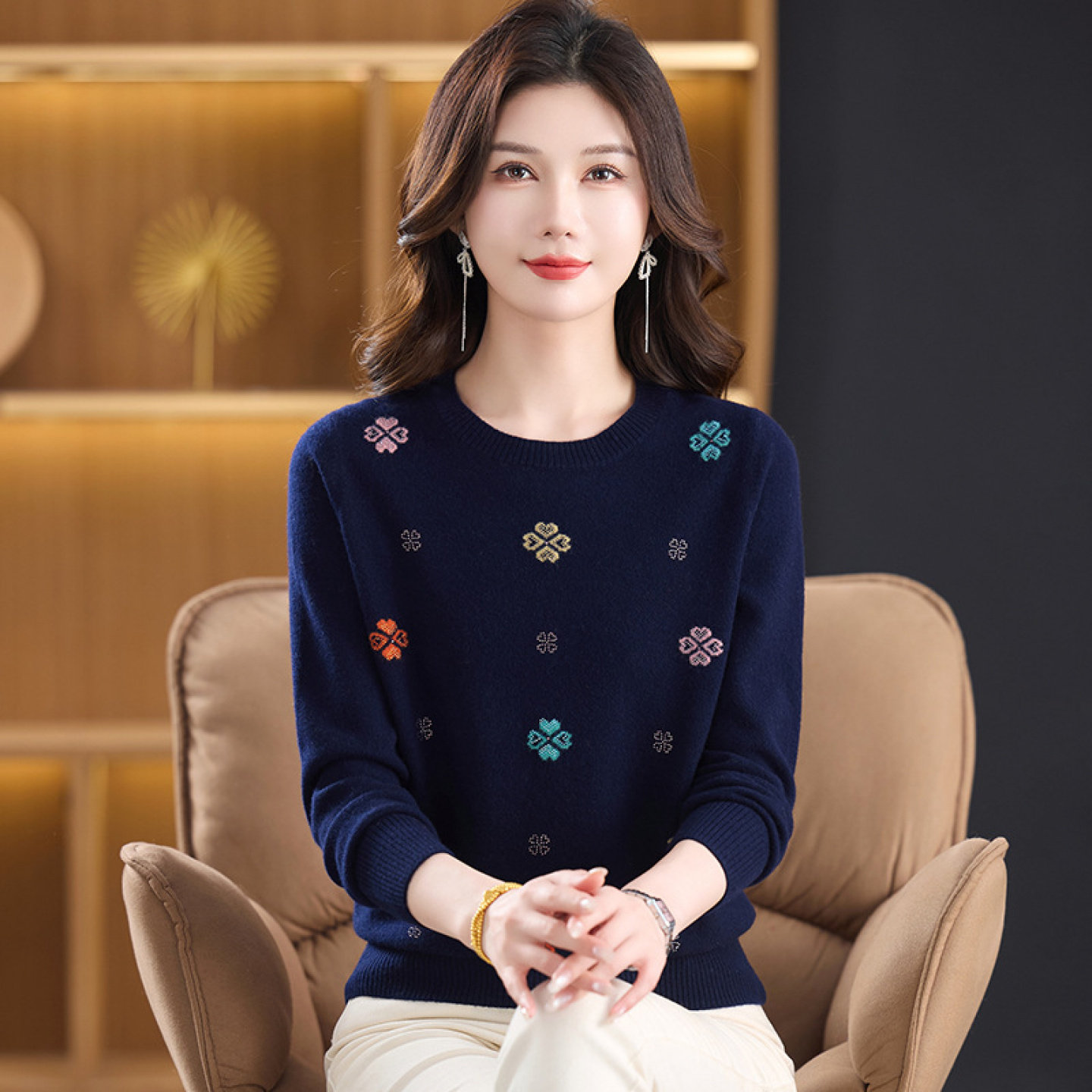 【100%纯山羊绒】上衣中老年妈妈毛衣针织羊绒衫打底衫女厚款秋冬