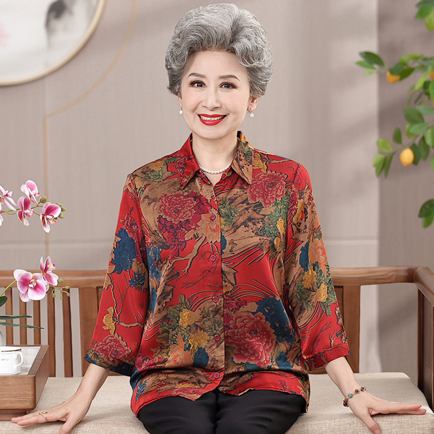 【100%桑蚕丝】套装妈妈真丝中老年人开衫奶奶夏装衬衫女上衣裤子