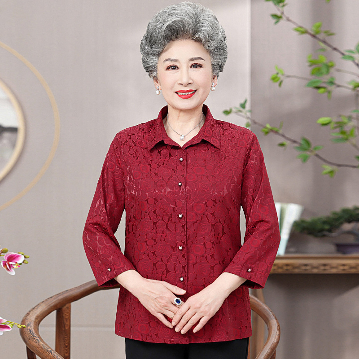 【100%桑蚕丝】中老年人奶奶夏装衬衫女妈妈上衣裤子两件套装真丝