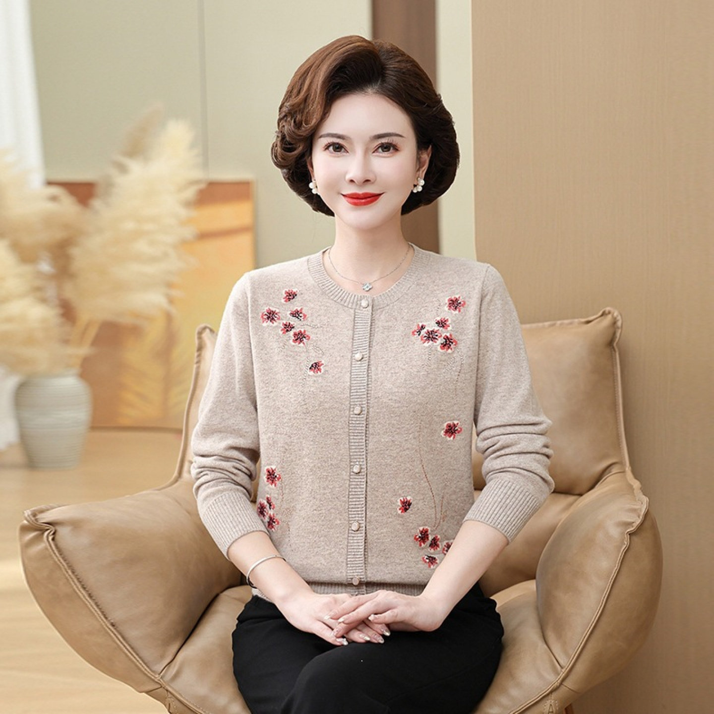 【100%纯山羊绒】女厚中老年妈妈毛衣秋冬上衣针织羊绒衫外套开衫