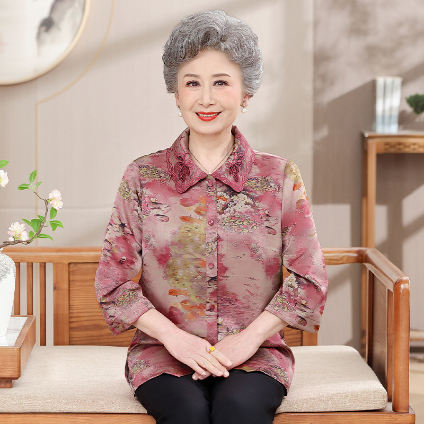 【100%桑蚕丝】妈妈两件套装中老年人奶奶夏装衬衫女开衫真丝上衣