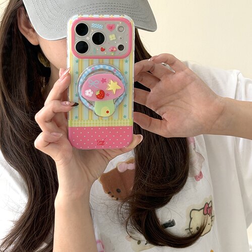 一家不会撞壳的店夏日星星彩红条纹蘑菇手机壳适用苹果17PM16proiPhone15pm14max13女百搭防摔包边硅胶保护套