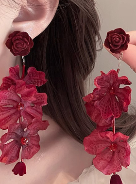 MEILAIFUREN高端定制红色玫瑰长款耳钉度假风氛围感海边拍照耳环