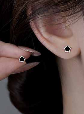 MEILAIFUREN高端定制S999纯银针黑色五角心耳钉女养耳洞耳环爆款