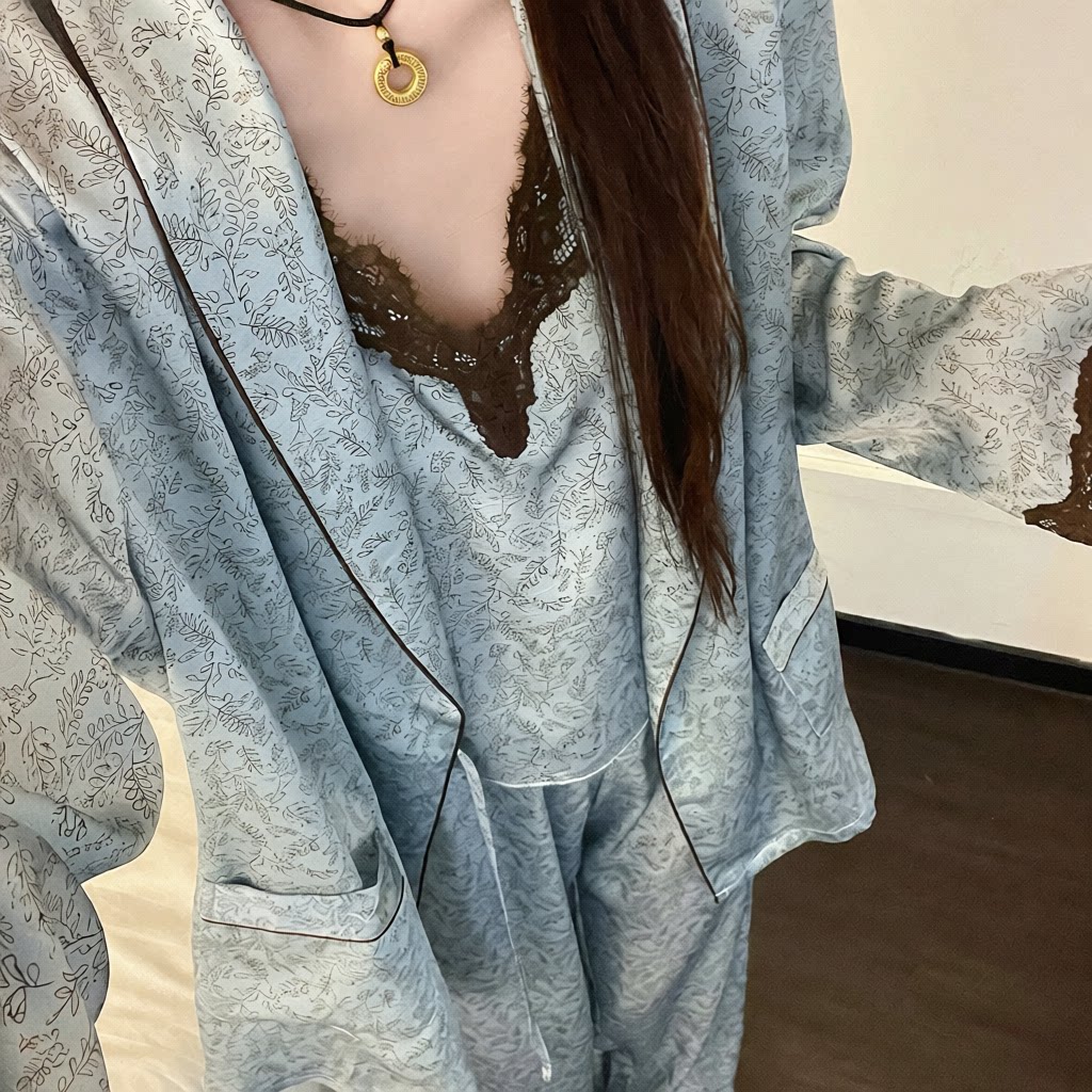 法式轻奢花卉冰丝睡衣女2026春季新款大码长袖长裤家居服三件套装