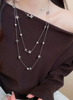 轻奢精致镶钻花朵芒星叠带项链