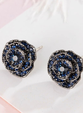 MEILAIFUREN 轻奢复古精致满钻玫瑰耳环高端定制蓝色独特耳钉耳饰