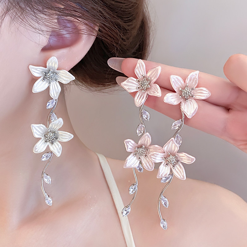MEILAIFUREN高端定制超仙甜美粉色花朵流苏耳钉耳环女百搭耳饰