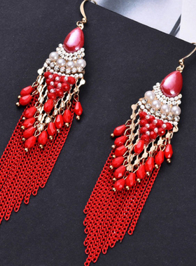 MEILAIFUREN高端定制 红色新年耳环999纯银流苏耳饰波西米亚风