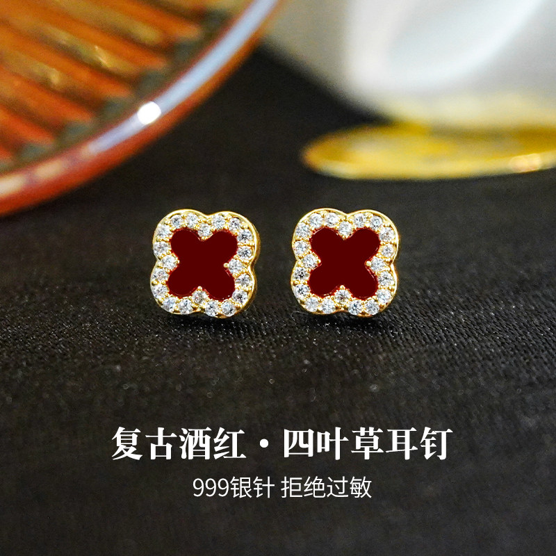红色三叶草耳钉女新款爆款耳环