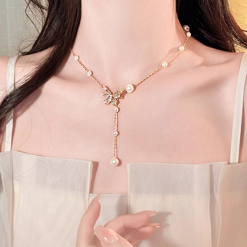 金色珍珠蝴蝶锆石项链女
