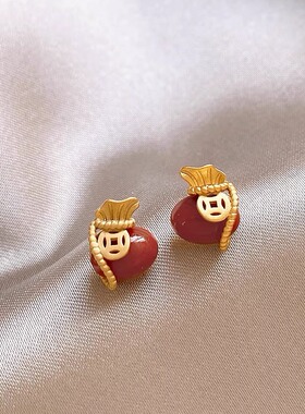 MEILAIFUREN高端定制  设计感小众红色钱袋耳钉耳环耳饰925纯银针