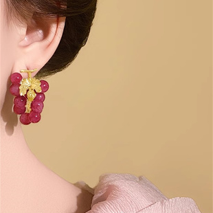 MEILAIFUREN高端定制紫色葡萄串珠耳环女独特气质耳钉爆款 耳饰品