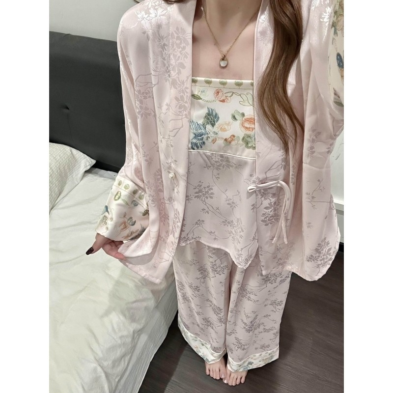 少女甜美复古碎花睡衣女春秋款 新款轻奢缎面冰丝家居服套装