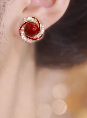 MEILAIFUREN高端定制微镶锆石红色珍珠耳钉纯银轻奢耳环百搭耳饰