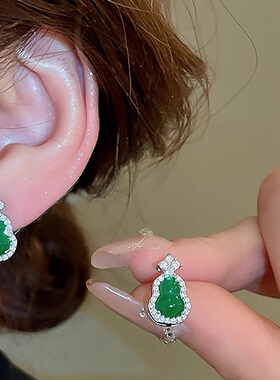 MEILAIFUREN高端定制新中式绿色耳环轻奢复古国风葫芦耳夹耳钉饰