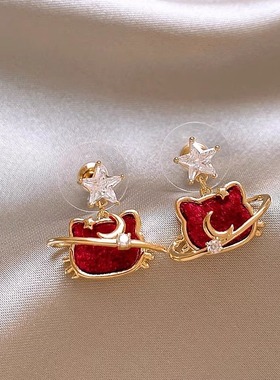 MEILAIFUREN高端定制 红色丝绒星月猫咪耳钉女小众精致耳环耳饰