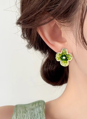 MEILAIFUREN 高端定制锆石绿色花朵耳钉女纯银网红小众设计耳饰