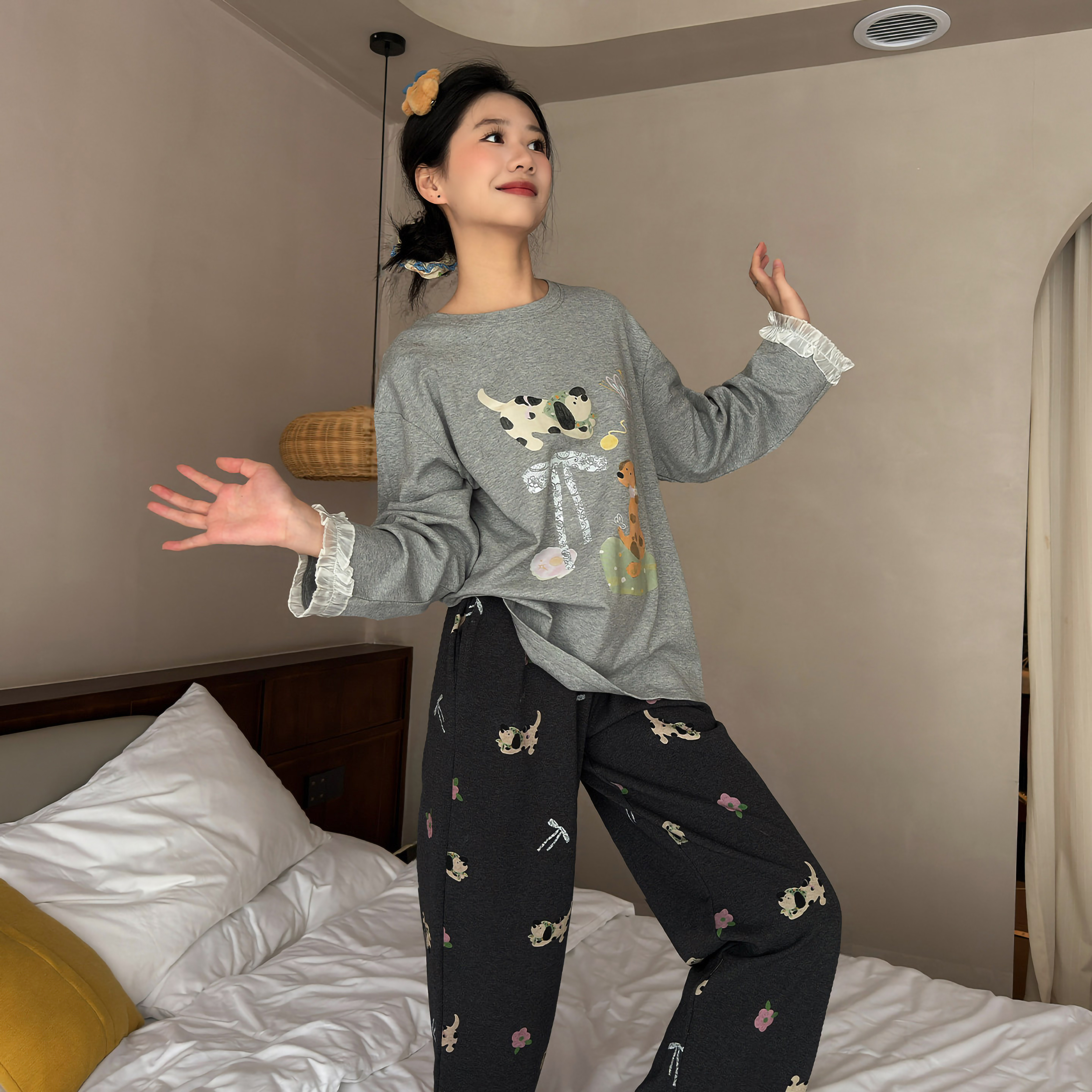 蕾丝纯棉可外穿秋冬睡衣套装女
