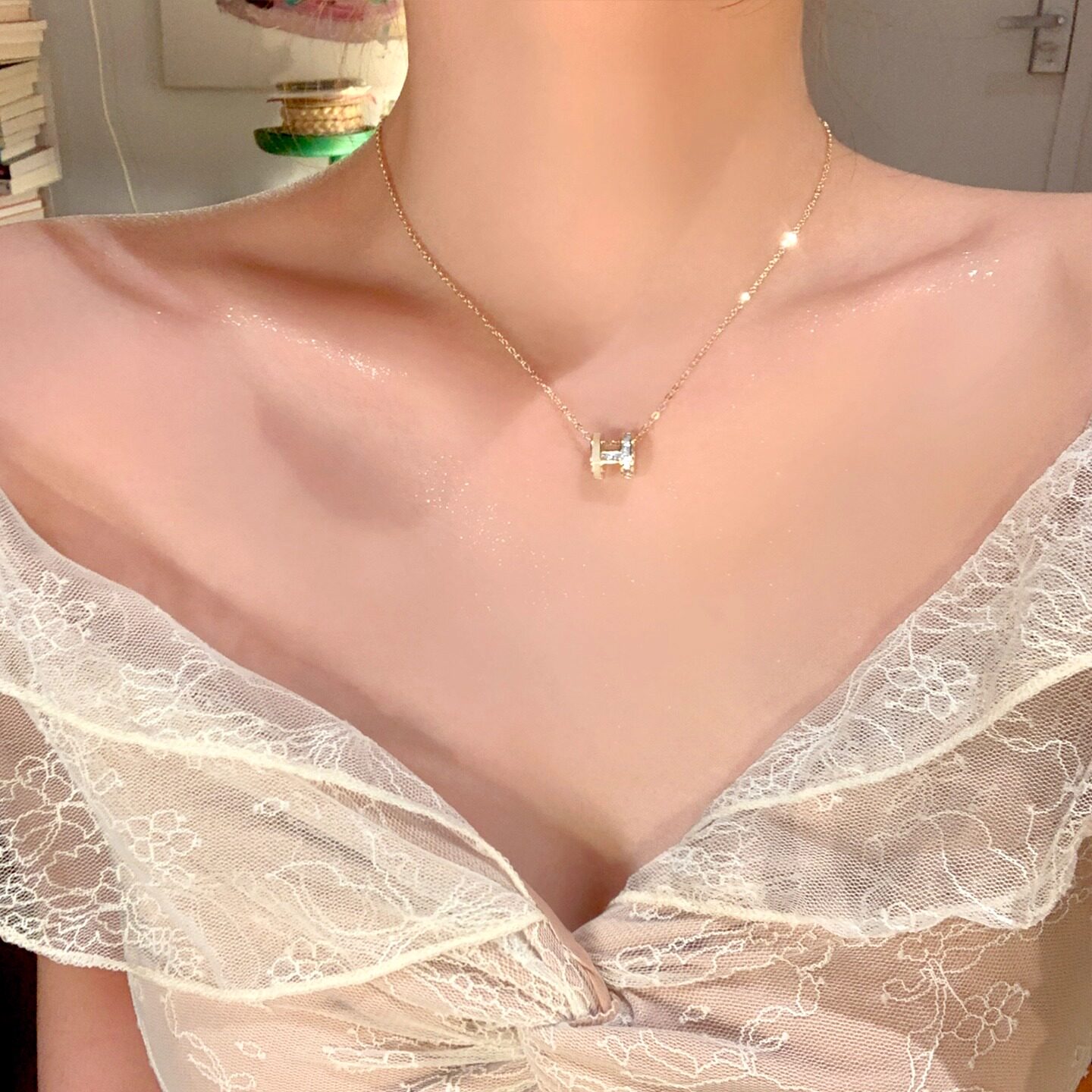 韩系闪钻贝壳H字母耳环项链女