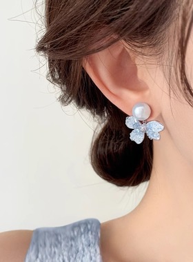 MEILAIFUREN高端定制 蓝色渐变花朵珍珠耳钉女名媛设计感纯银耳饰