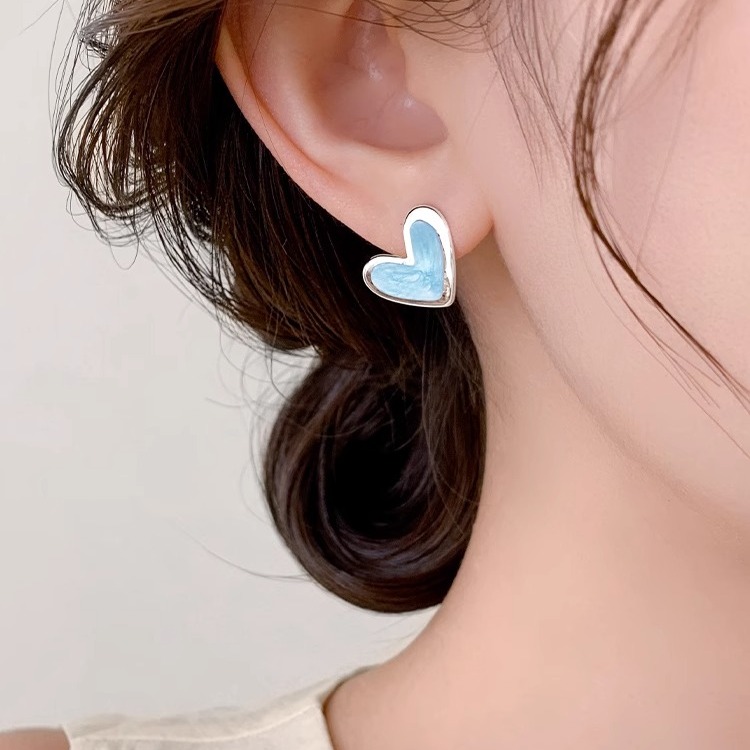 简约蓝色爱心耳钉纯银独特