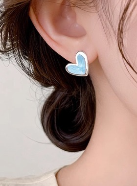 MEILAIFUREN高端定制简约蓝色爱心耳钉纯银独特气质爆款小众耳饰