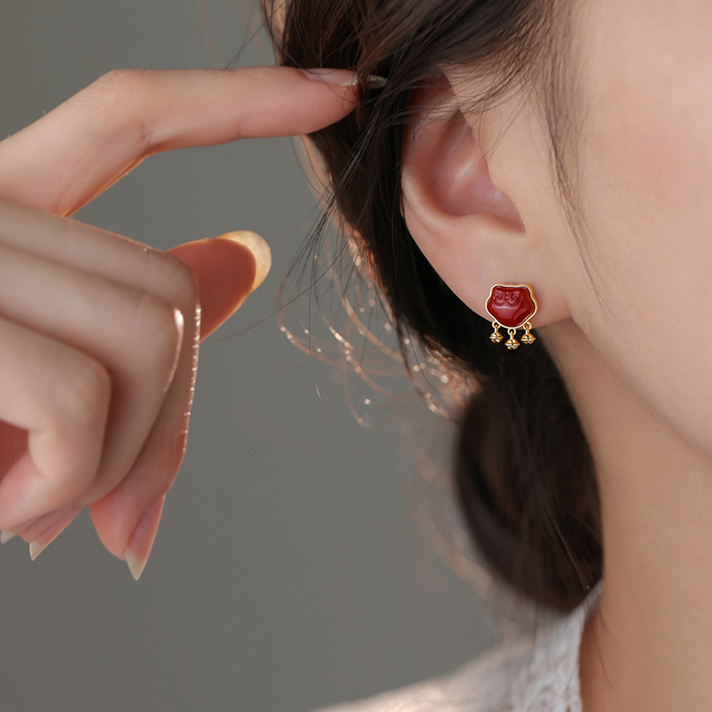 999银平安锁耳钉本命年红色耳环
