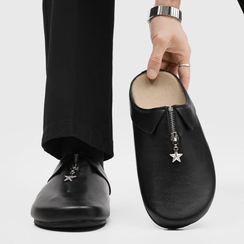 小众设计感勃肯鞋男夏季透气包头半拖鞋皮面穆勒鞋休闲无后跟皮拖