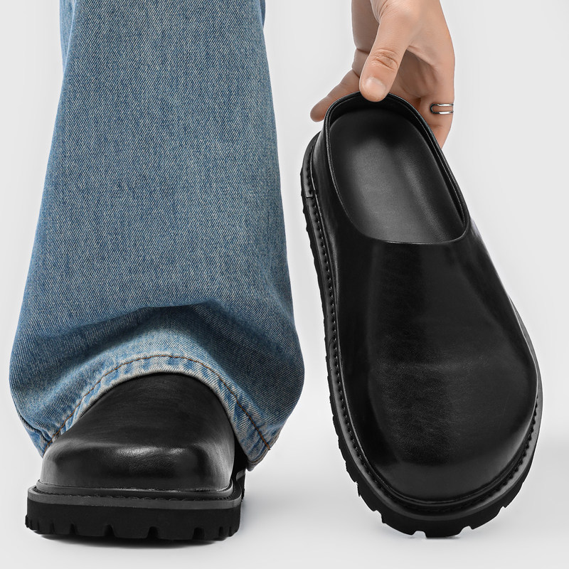 2026春季新款皮面勃肯鞋男一脚蹬懒人鞋无后跟小皮鞋包头半拖鞋潮