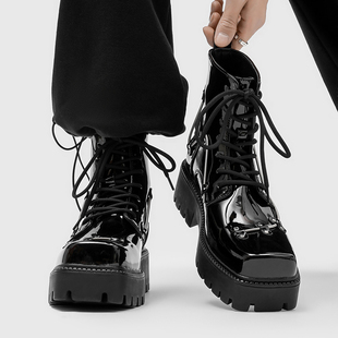 英伦风漆皮亮面方头马丁靴男厚底增高工装 潮 靴亚文化朋克风亚比鞋
