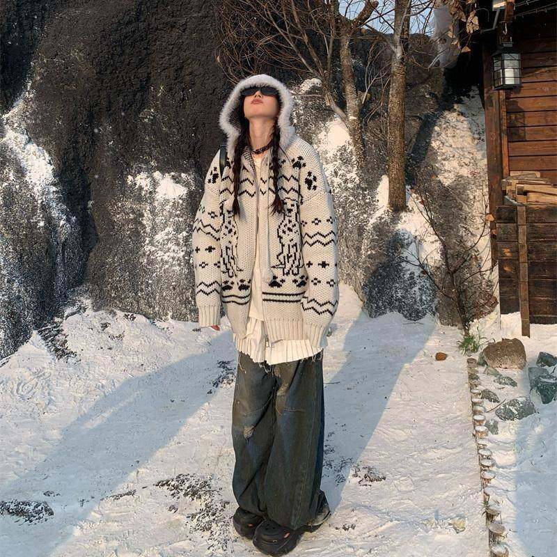 1拉98布丁 美复毛古斑点LGK狗提花连帽衣外套女秋冬设计式感链针