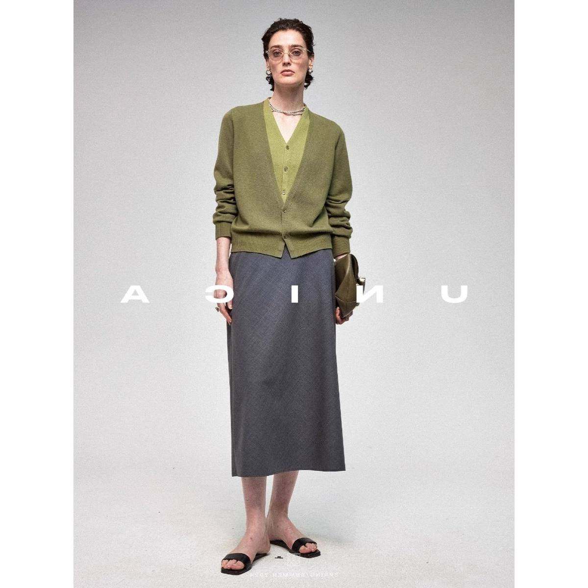 拼假两件领绿针织开衫女2v025新款春秋VUC秋冬慵懒毛衣接色上衣外