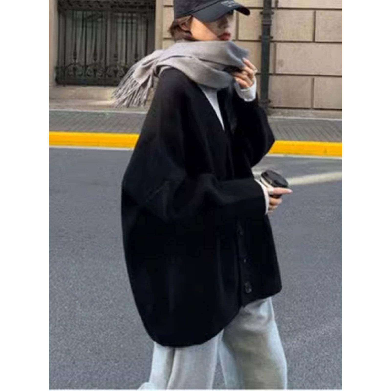 黑色毛衣外套TMM女大码2025松加外穿复古款中长慵厚懒宽v领针织开