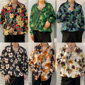 男百搭潮流花衬衣个性 港风vintage复古日系长袖 衬衫 情侣痞帅外套